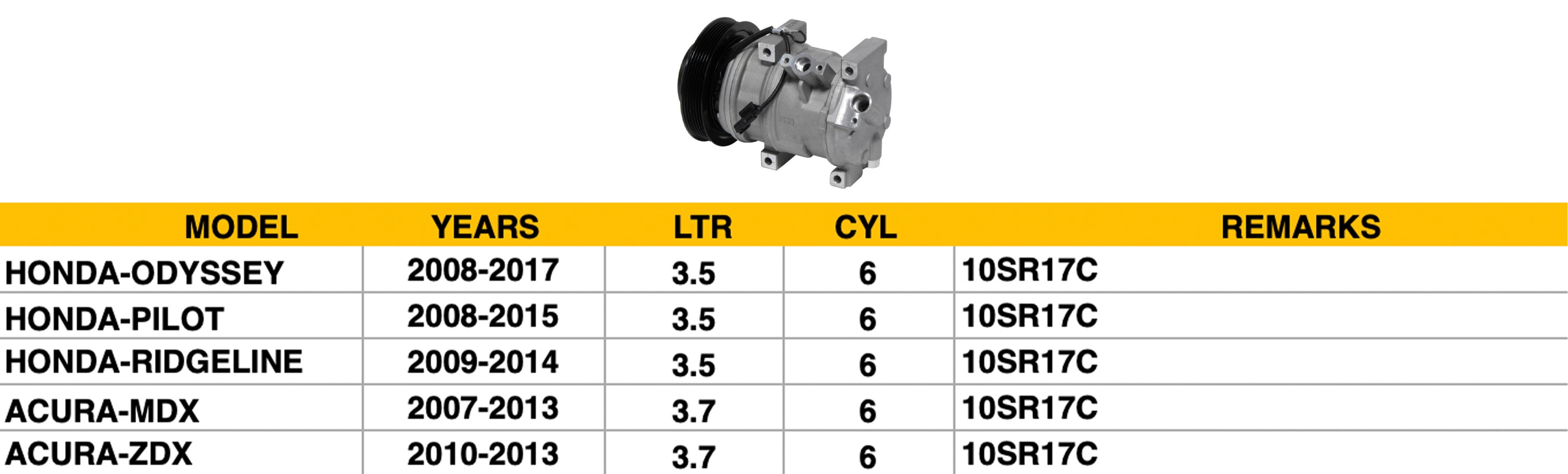 HONDA ODYSSEY 2005-2010 — A/C COMPRESSOR ;3.5L/3.7L;ODYSSEY/PILOT/RIDGELINE/MDX/ZDX; DOUBLE CHECK IMAGE(4S PN 158334)