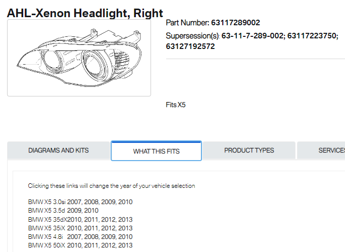 BMW X5 2007-2010 — BI-HID HEADLIGHT RH; W/ ADAPTIVE; X5 2007-2011 ( TO 4/11 PRODUCTION )