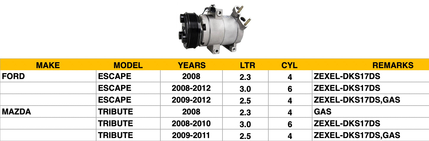 FORD ESCAPE 2008-2012 — A/C COMPRESSOR ; ESCAPE & MAZDA TRIBUTE ; DOBLE CHECK IMAGE BEFORE ORDER ( 4S PN 68672 )