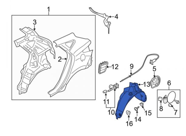 KIA OPTIMA 2016-2020 — REAR FENDER LINER LH; HEAT FORMED; OPTIMA 2016-2020/HYB 2017-2020