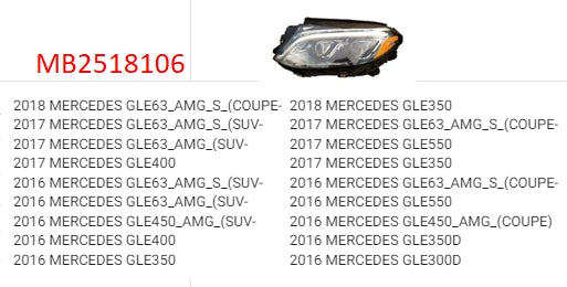 MERCEDES GLE 2016-2019 — LED HEADLIGHT LH; W/ ADAPTIVE; GLE- 2016-2018 ( TO 10/2017; CLICK IMAGE FOR FITMENTS )