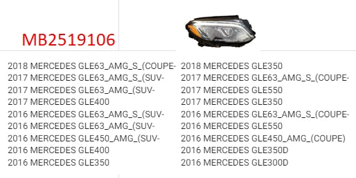 MERCEDES GLE 2016-2019 — LED HEADLIGHT RH; W/ ADAPTIVE; GLE- 2016-2018 ( TO 10/2017; CLICK IMAGE FOR FITMENTS )