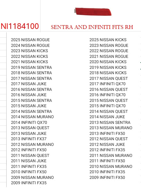 NISSAN KICKS 2018-2024 — REAR BUMPER REFLECTOR LH; SENTRA/INFINITI RH; CLICK IMAGE FOR FITMENTS