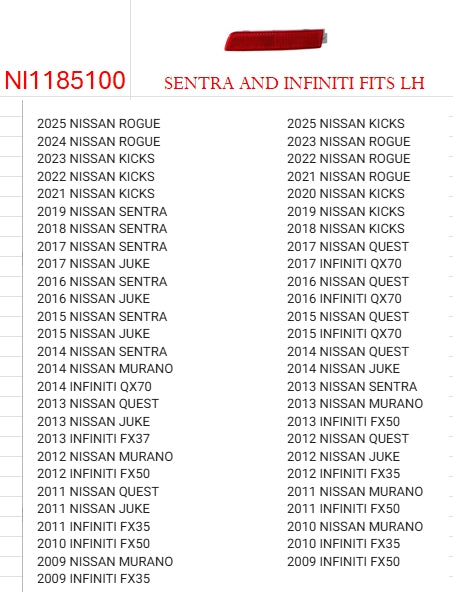 NISSAN KICKS 2018-2024 — REAR BUMPER REFLECTOR RH; SENTRA AND INFINITI FITS LH; CLICK IMAGE FOR FITTMENTS