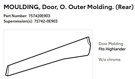 TOYOTA HIGHLANDER/HYB 2020-2025 — EXTERIOR REAR LOWER DOOR MOLDING LH; OUTER; PTM; W/O XSE; HIGHLANDER/HYB 2020-2025