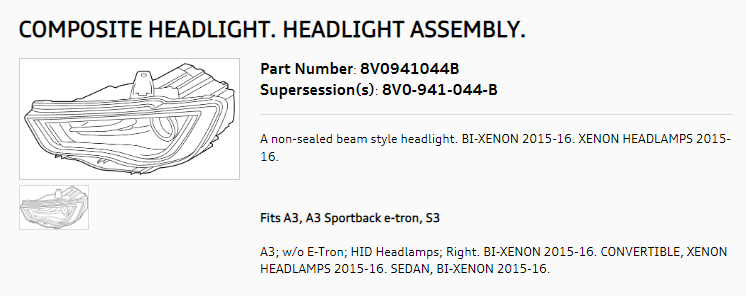 AUDI A3 2015-2020 — BI-HID HEADLIGHT RH; W/O ADAPTIVE; A3/QUATTRO/S3 ALL 2015-2016