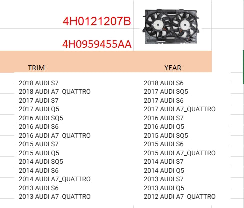 AUDI Q5 2013-2017 — RAD/CND FAN ASSBLY; Q5 13-17; A7 12-18; A5 13-16; A6 12-18; S5 13-17 (CHECK IMAGE)