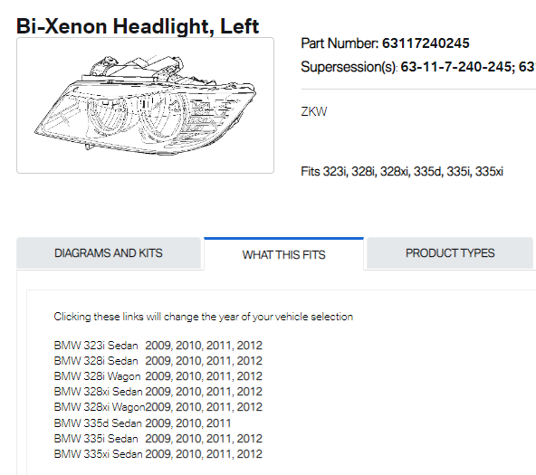 BMW 3 SERIES 2006-2011 — HID HEADLIGHT LH; W/O ADAPTIVE; SEDAN/WAGON (1999-) 2009-2011