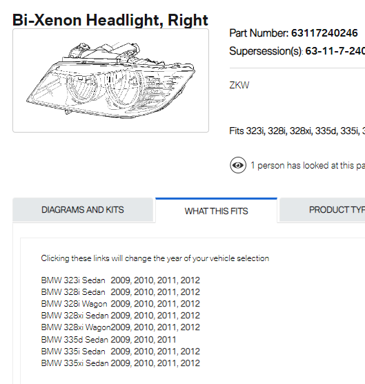 BMW 3 SERIES 2006-2011 — HID HEADLIGHT RH; W/O ADAPTIVE; SEDAN/WAGON (1999-) 2009-2011