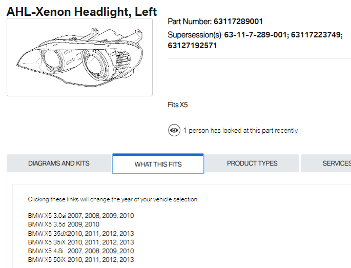 BMW X5 2007-2010 — BI-HID HEADLIGHT LH; W/ ADAPTIVE; X5 2007-2011 ( TO 4/11 PRODUCTION )