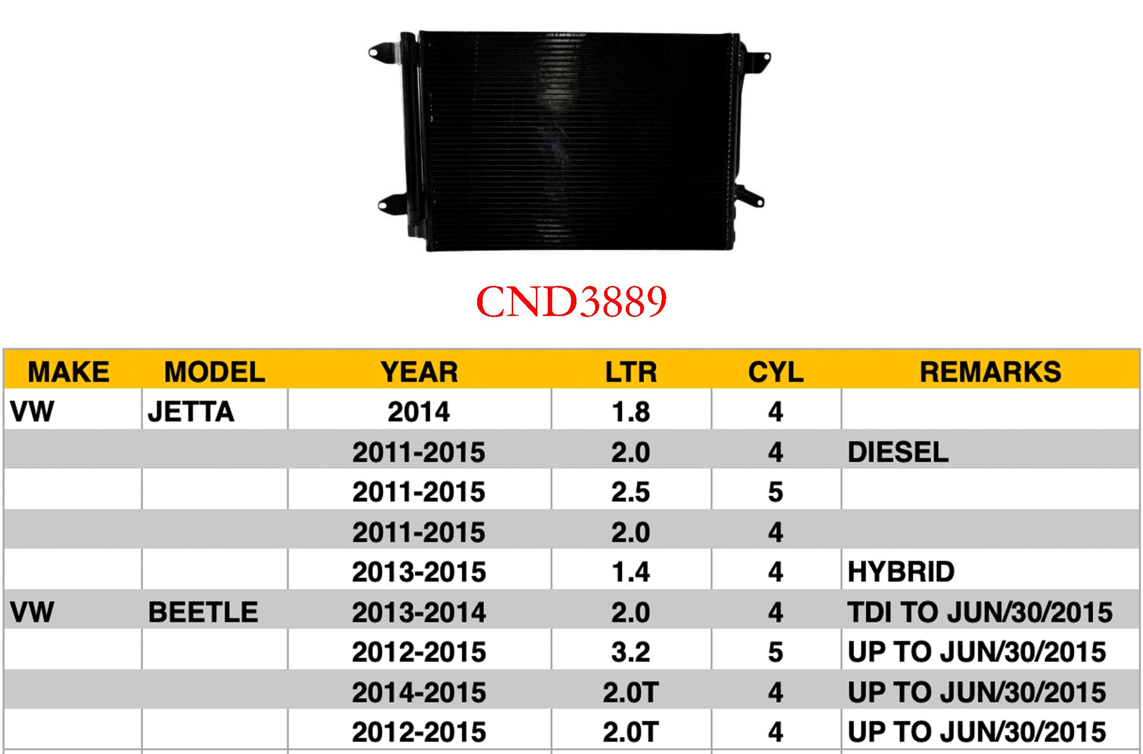 VOLKSWAGEN JETTA 2005-2010 — CONDENSER; JETTA 2009-2016; BEETLE 2012-2019 (CND3889; CHECK IMAGE FOR FITMENTS)