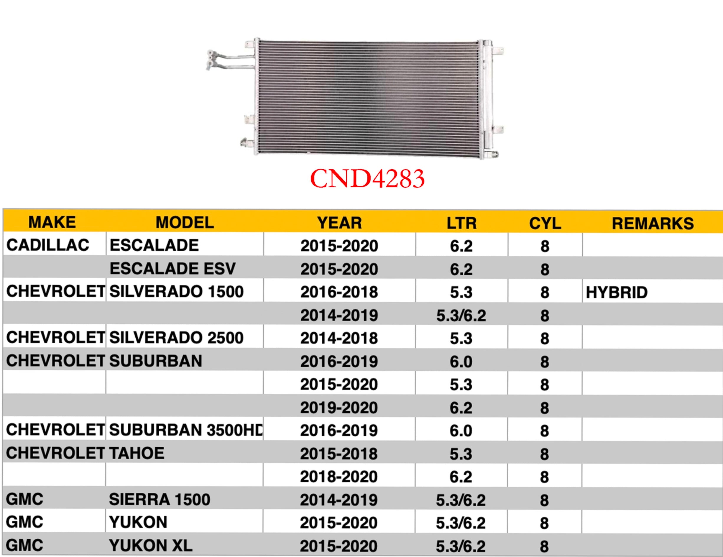 CHEVROLET SILVERADO PICKUP 2014-2018 — A/C CONDENSER; W/ OIL COOLER; 5.3/6.2L V8; Silverado/Sierra 1500 14-18/LD 2019; Suburban/Tahoe/Yukon/Escalade 15-20; (CND4283; 84537373)