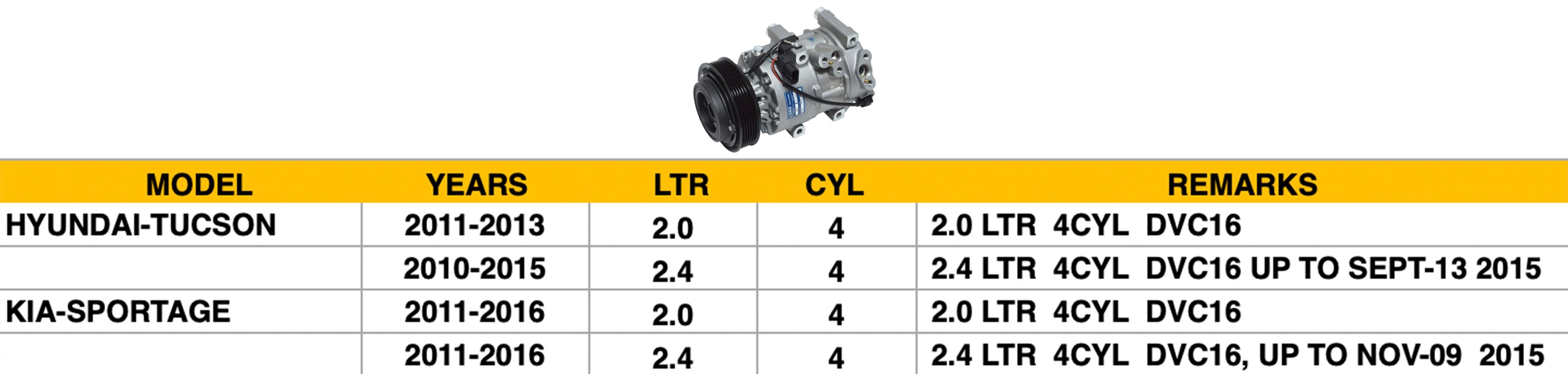 HYUNDAI TUCSON 2010-2015 — A/C COMPRESSOR; TUCSON 2.0L 11-13 / 2.4L 10-15 & SPORTAGE 2.0L 2.4L 11-16 ( 4S PN 178305 )