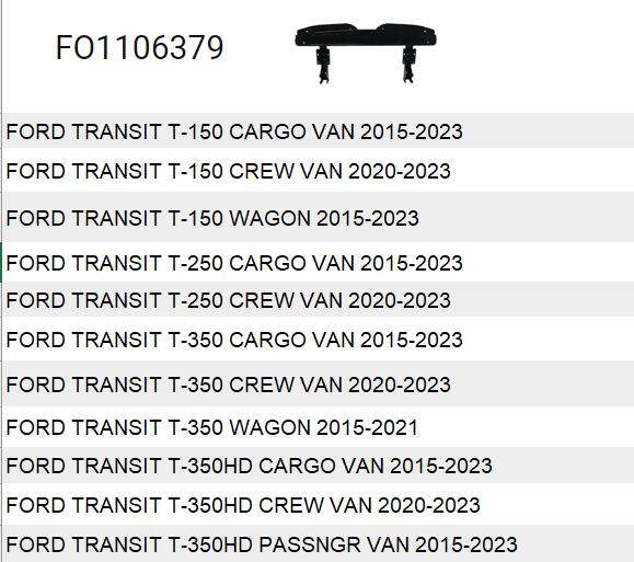 FORD TRANSIT VAN 2015-2019 — REAR RE-BAR; USE FOR 15-19 LOW ROOF & 20-21 PAINTED BUMPER; CHECK THE IMAGE FOR FITMENTS