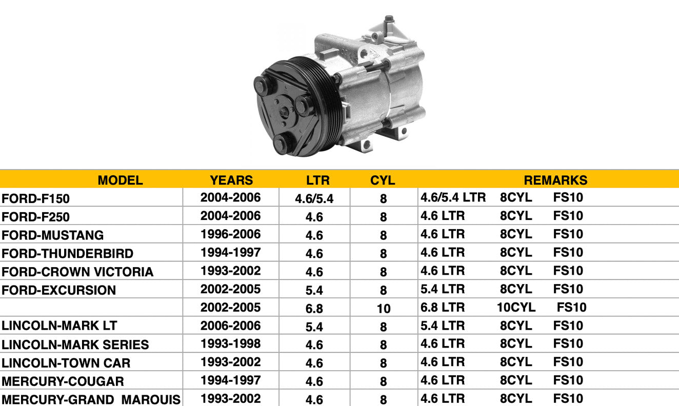 FORD PICKUP F150 1997-2005 — A/C COMPRESSOR; 4.6L/5.4L V8; FOR FORD SERIES; CHECK IMAGE BEFORE ORDER ( 4S PN 58129 )