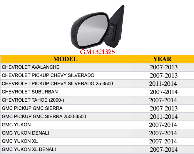 CHEVROLET SILVERADO PICKUP 2007-2013 — MIRROR LH; POWER/HEATED/TEXTURED; W/O OFF-ROAD/PUDDLE/SIGNAL; CLICK IMAGE FOR FITMENTS