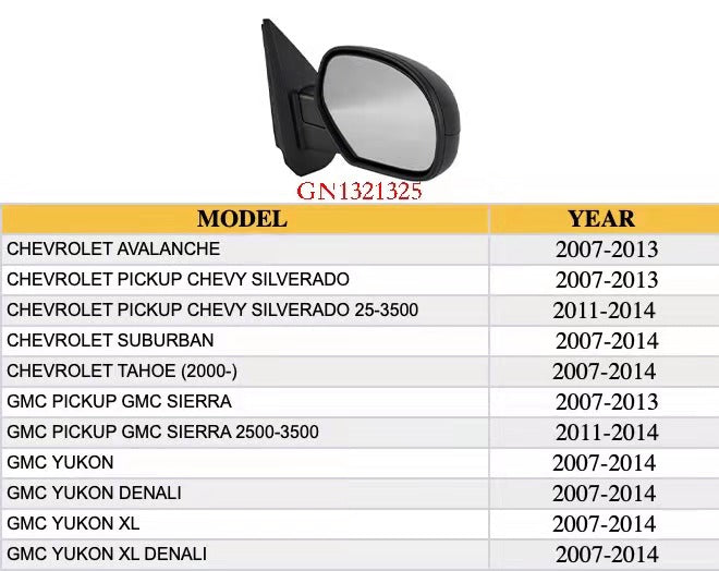 CHEVROLET AVALANCHE 2007-2013 — MIRROR RH; POWER/HEATED; WI/O PUDDLE/SIGNAL; AVALANCHE/SILVERADO/SUBURBAN /TAHOE & SIERRA/YUKON; CLICK IMAGE FOR DETAILS