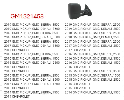GMC SIERRA PICKUP 2014-2018 — MIRROR RH; POWER/HEATED/MAN-FOLDING/DUAL LENS/TURN SIGNAL/TRAIL TOW TYPE (CLICK IMAGE FOR FITMENTS)