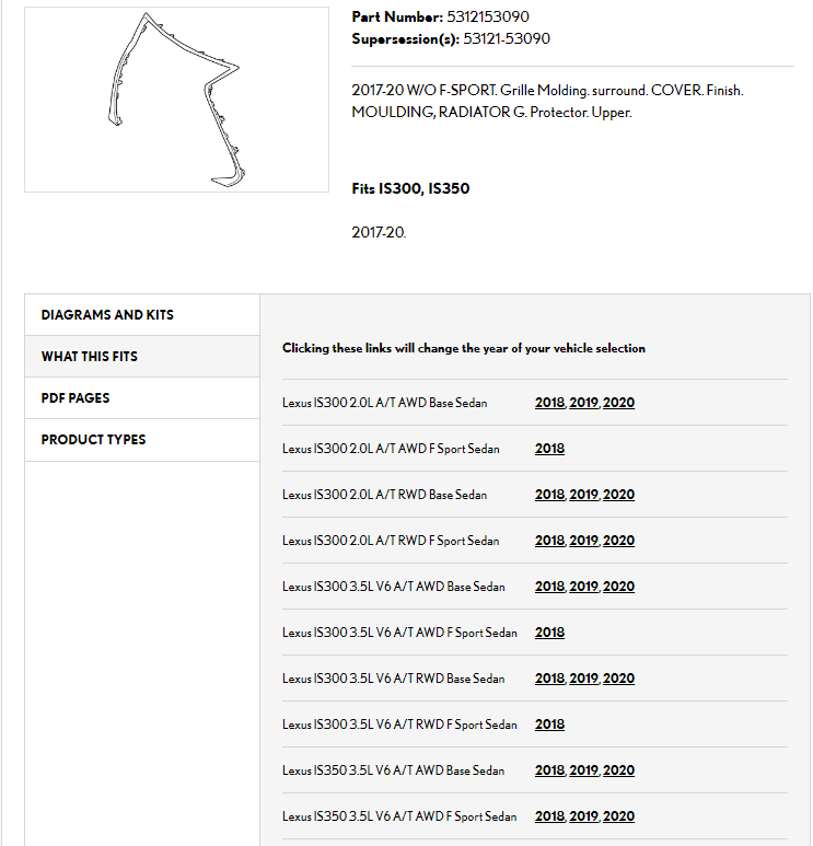 LEXUS IS350 2014-2020 — OUTER GRILLE MOLDING; W/O F-SPORT; CHROME; IS300/IS350 SEDAN 2018-2020