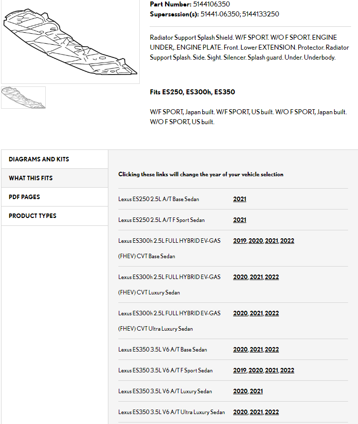 LEXUS ES350 2019-2025 — FRONT FORWARD UNDER-SHIELD; ES250 21-23; ES300H/ES350 19-23 ( CHECK IMAGE )