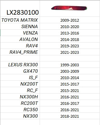 TOYOTA SIENNA 2011-2020 — REAR BUMPER REFLECTOR LH; RAV4 TO 2025; CLICK IMAGE FOR FITMENTS
