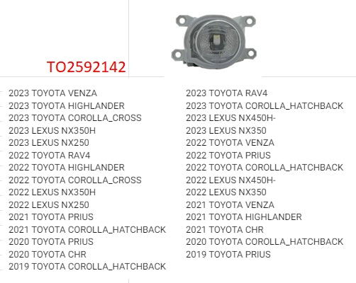 TOYOTA COROLLA CROSS 2022-2025 — FOG LIGHT LH; FITS HIGHLANDER XSE AND JAPAN BUILT CHR AND RAV4; CLCK IMAGE FOR FITMENTS