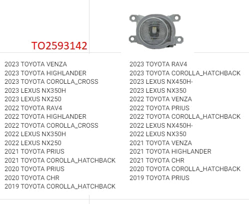 TOYOTA COROLLA CROSS 2022-2025 — FOG LIGHT RH; FITS HIGHLANDER XSE AND JAPAN BUILT CHR AND RAV4; CLCK IMAGE FOR FITMENTS