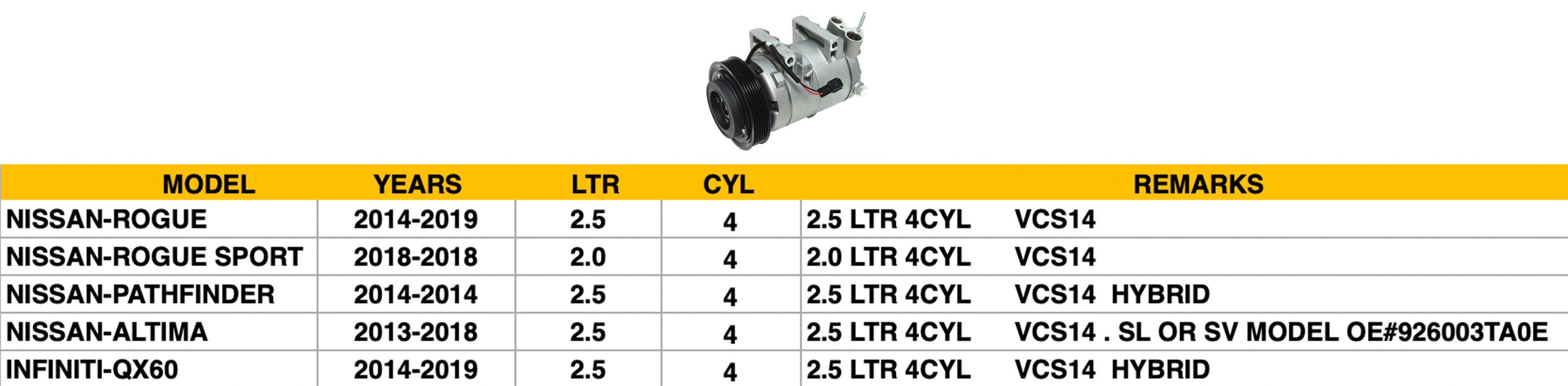 NISSAN ROGUE 2014-2020 — A/C COMPRESSOR ; ROGUE/ALTIMA/PATHFINDER/QX60; DOUBLE CHECK IMAGE ( 4S PN 98664 )